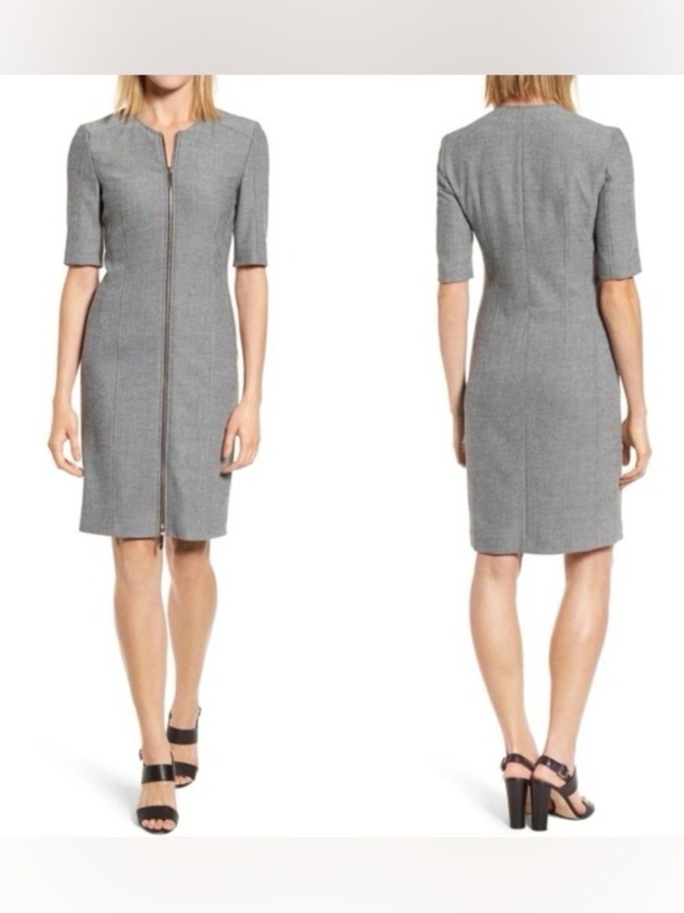 Hugo Boss Demirana Gray Zip-Front Midi Sheath Dress